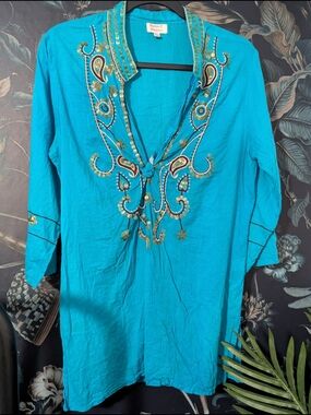 Karen-T Designs Turquoise Blue Sequin Paisley Embroidered Cotton Tunic Top Large